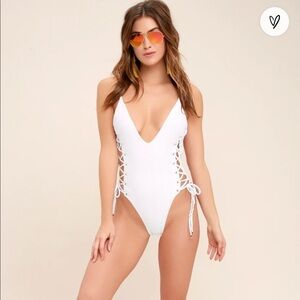 Blue Life Lace Up Plunging Black Ribbed Swimsuit High Cut Back XS Summer